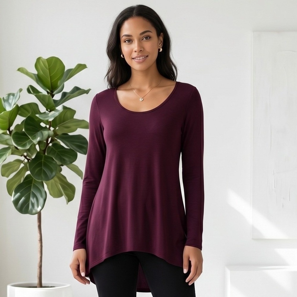 Willi Smith Top Womens Large Plum Long Sleeve Scoop Neck High Low Modal Knit